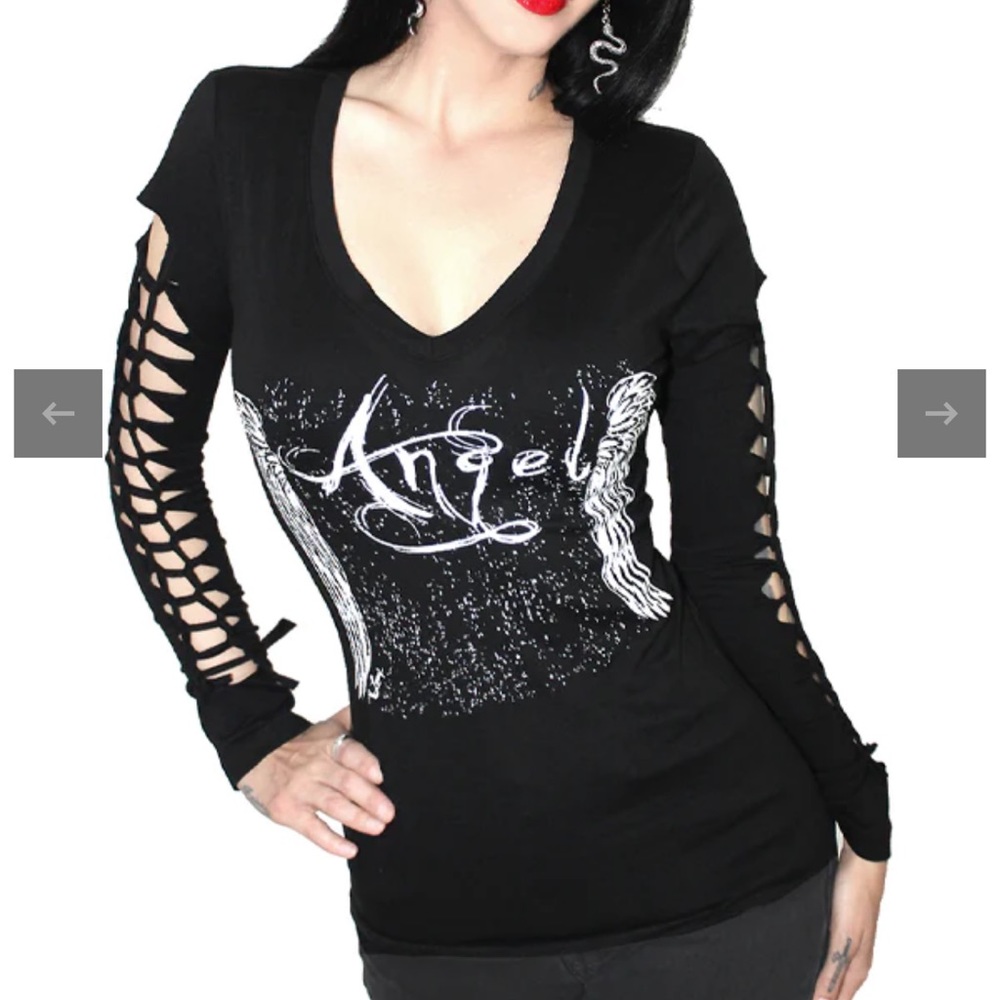 NWT WOMEN'S FALLEN ANGEL WINGS DEEP V LONG SLEEVE TEE Medium